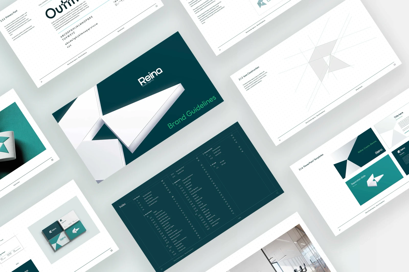 Reina Brand-System mit Logo, Farben, Typografie und Layout-Anwendungen.
