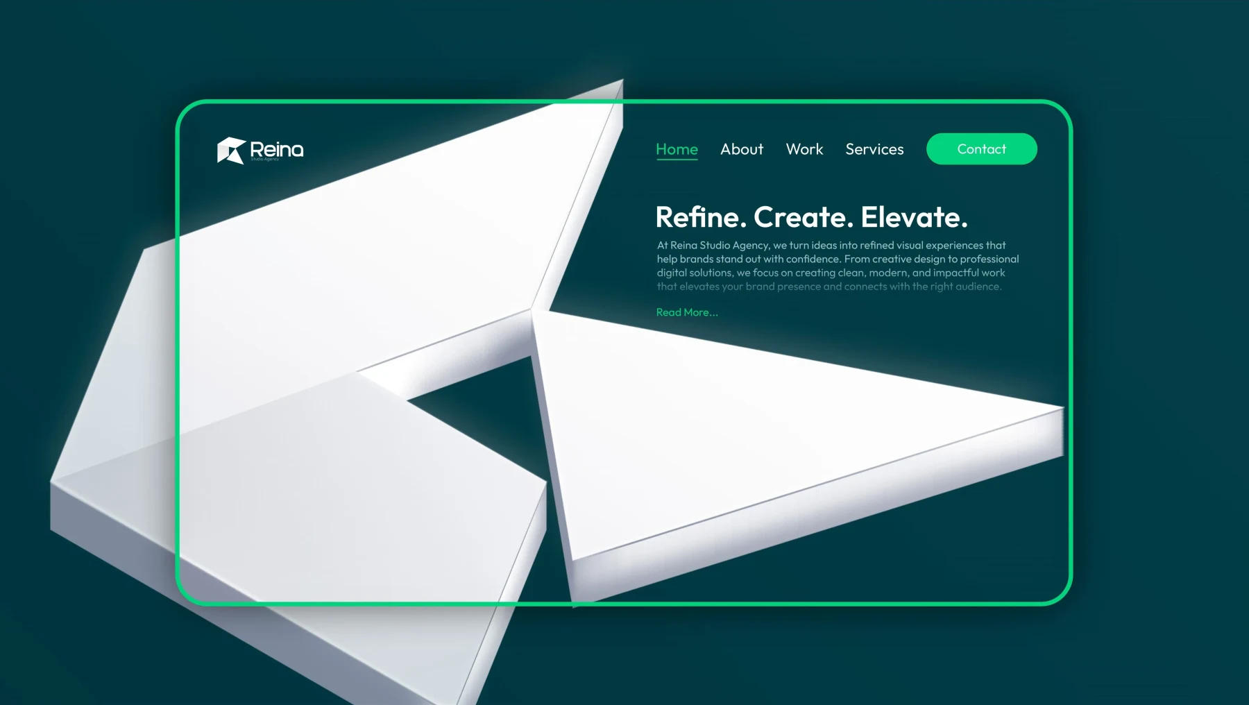 Reina Studio Agency Website-Hero mit großem gefaltetem Markenzeichen auf Petrol.