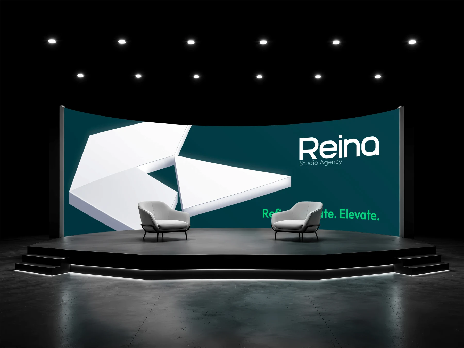 Reina Markenbühne mit großem Logo und Claim auf einer Präsentationsfläche.