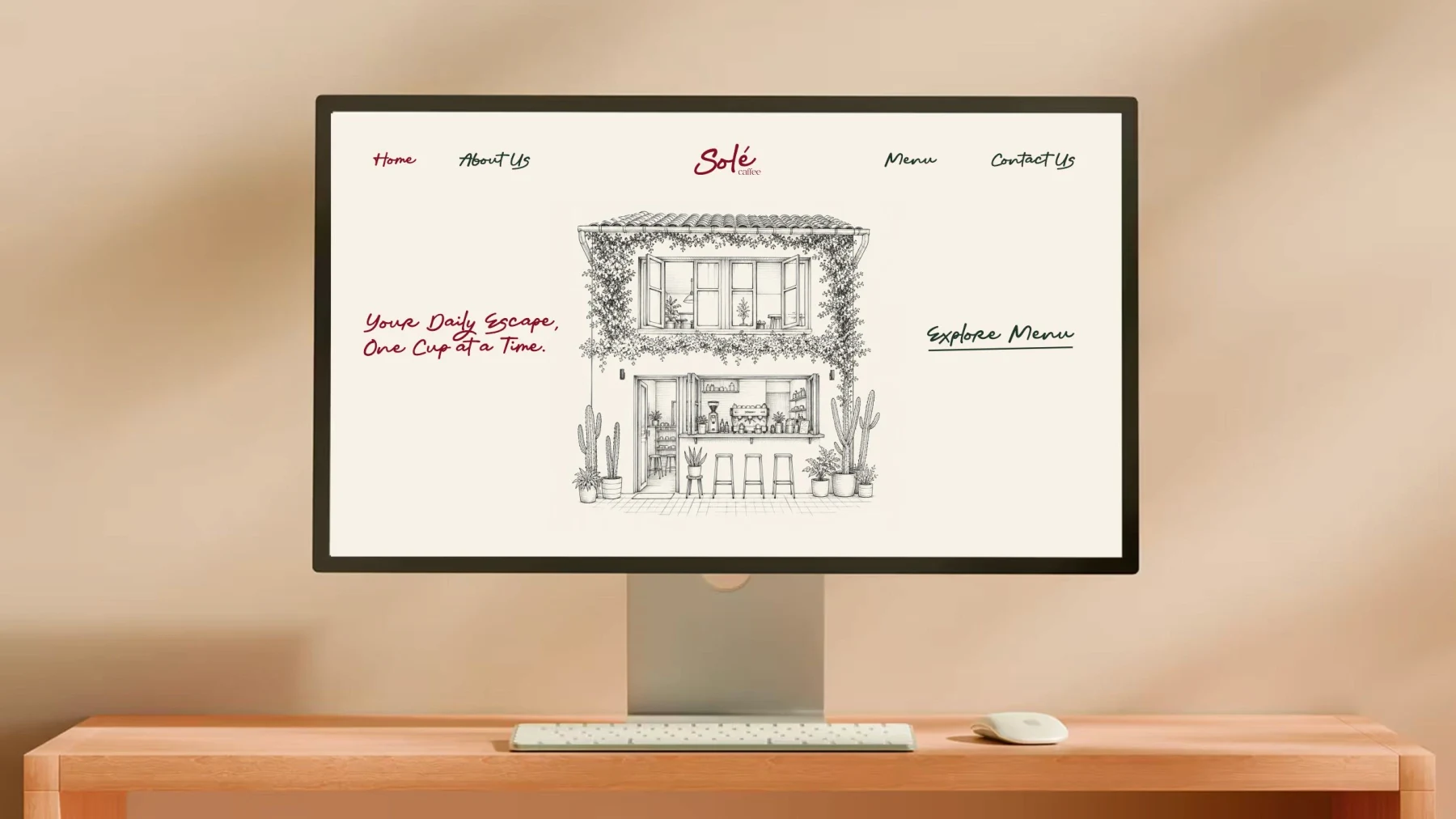 Solé Caffee Website-Mockup auf einem Desktop-Bildschirm mit Café-Skizze.