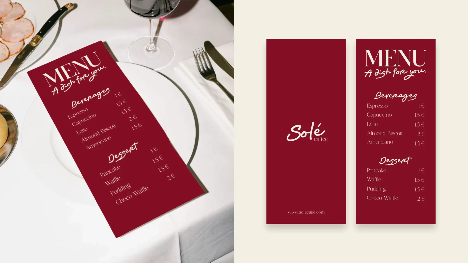Solé Caffee Menügestaltung in Burgundy auf einem gedeckten Tisch.