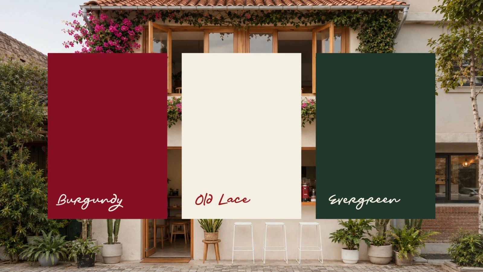 Solé Caffee Farbpalette mit Burgundy, Old Lace und Evergreen.