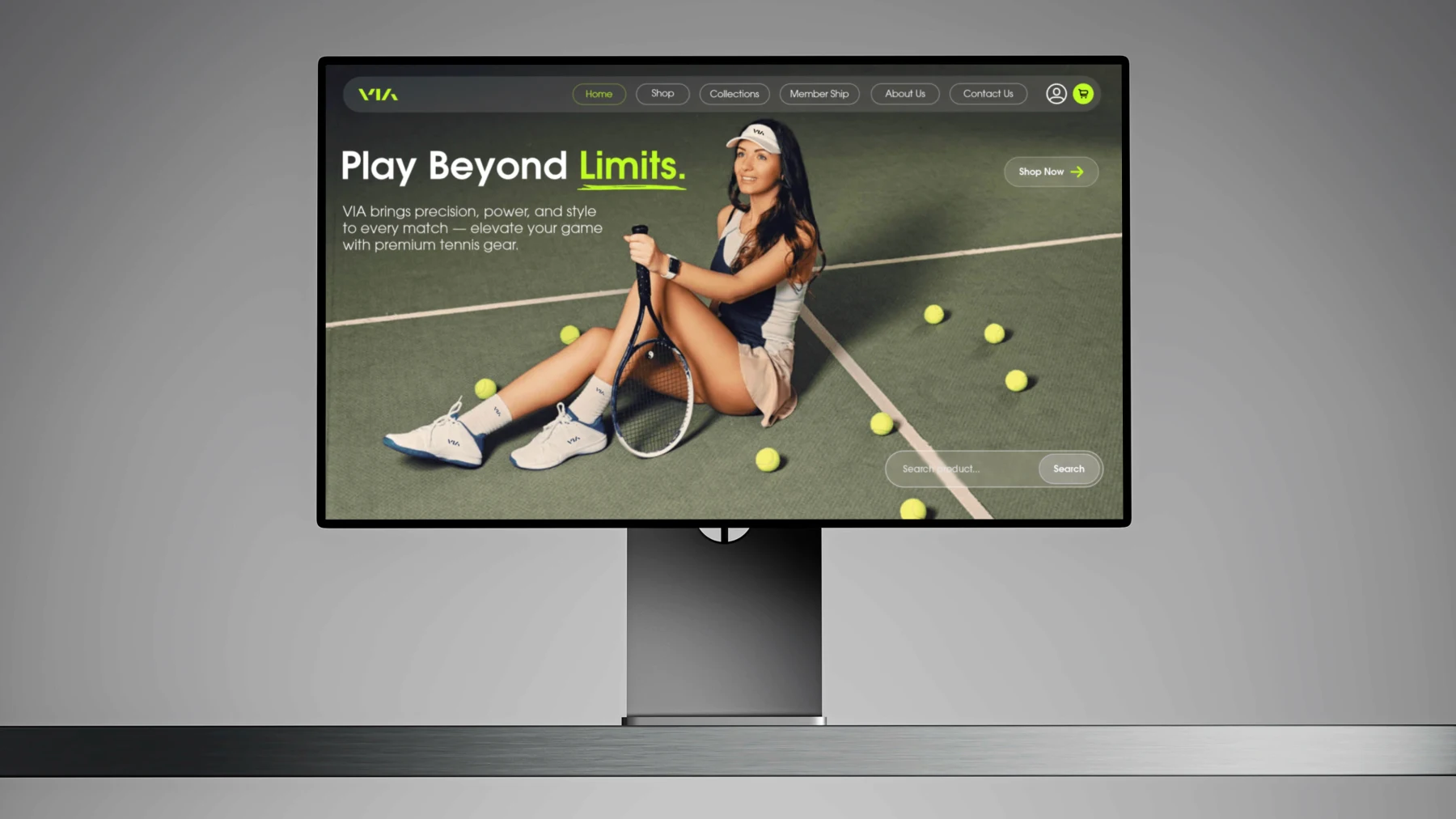 VIA Performance-Apparel Website auf einem Desktop-Monitor mit Tennis-Model und Lime-Akzenten.