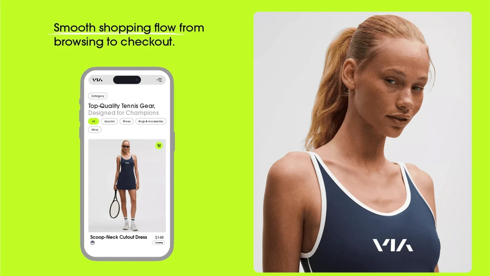 VIA Mobile-Shopping-Flow mit Produktansicht und Model auf Lime-Hintergrund.