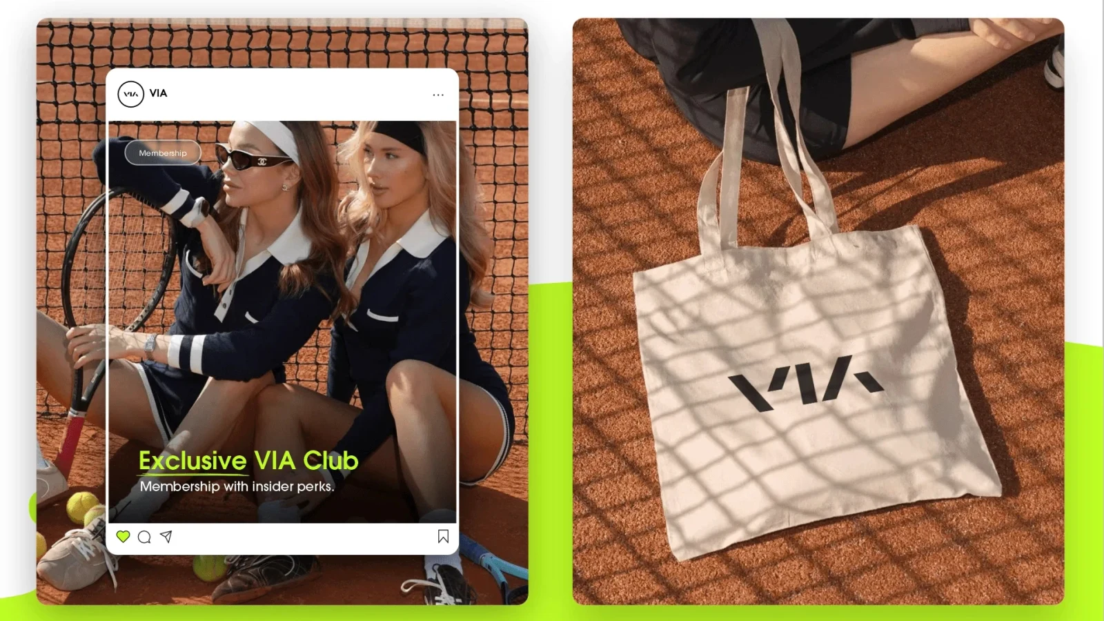 VIA Social-Post und Tote-Bag-Anwendung auf Tennisplatz.