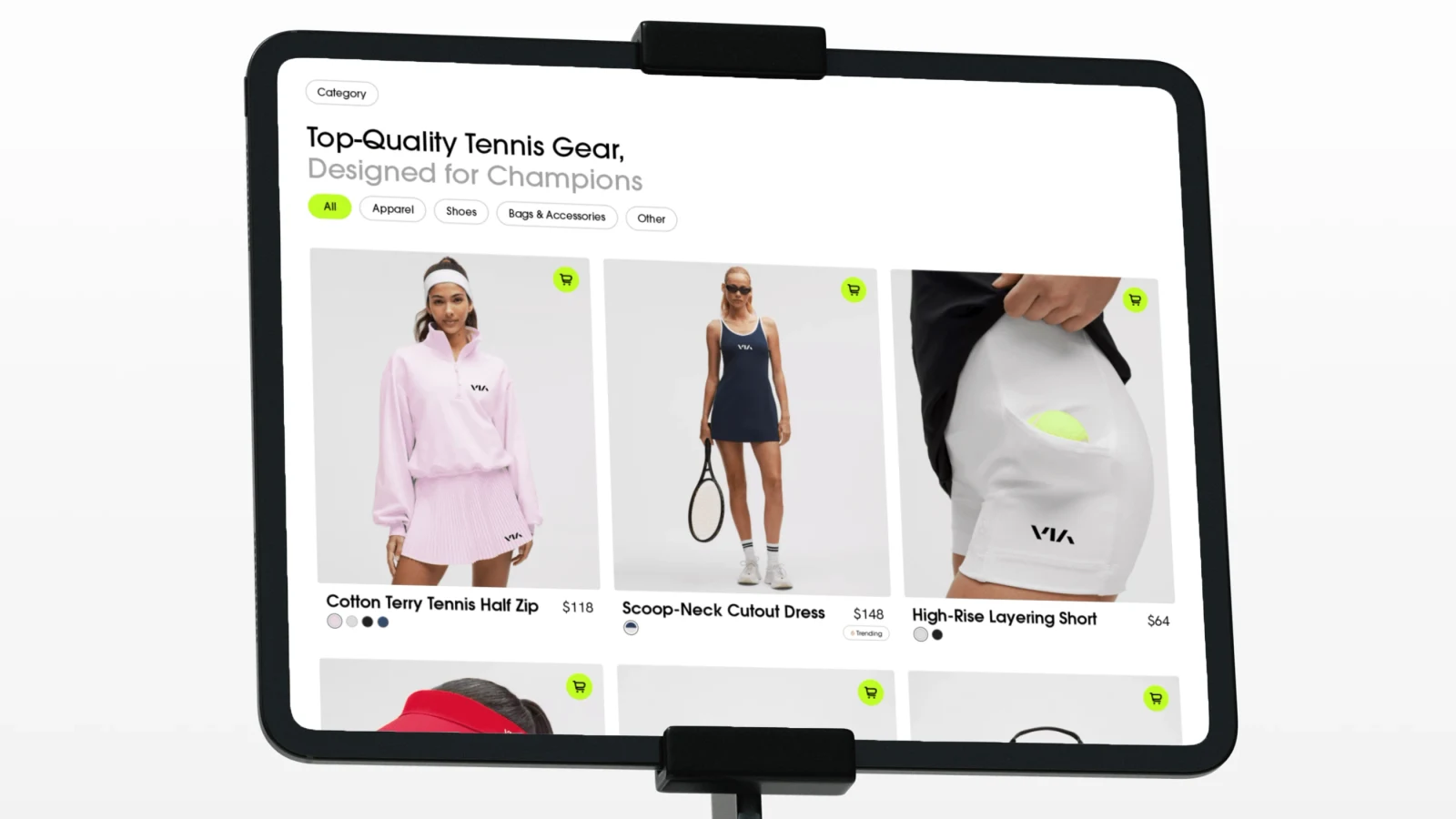 VIA Produktgrid auf einem Tablet-Mockup.